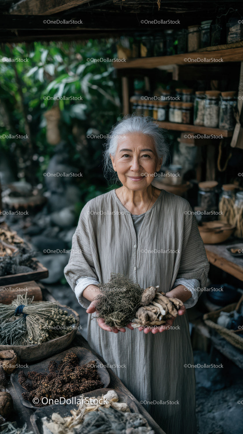 Elderly Woman with Herbal Collection at Rustic Herbal Shop
