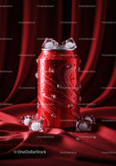 Chilled Red Soda Can with Ice Cubes on Red Fabric