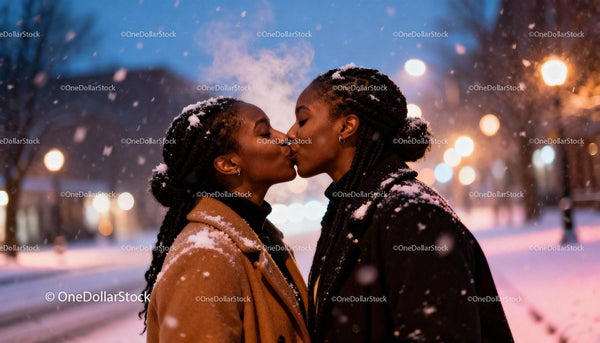 Couple Sharing a Warm Kiss in Snowy Evening