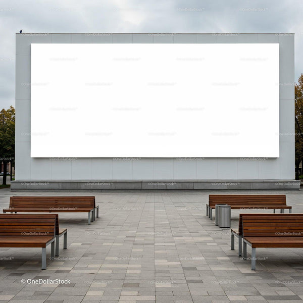 Modern outdoor seating area with large blank billboard JPG Mockup Image