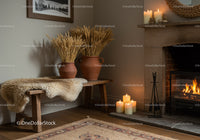 Cozy rustic corner with dried wheat and lit fireplace