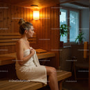 Relaxing Woman Sitting in Sauna with Wooden Walls and Warm Lighting