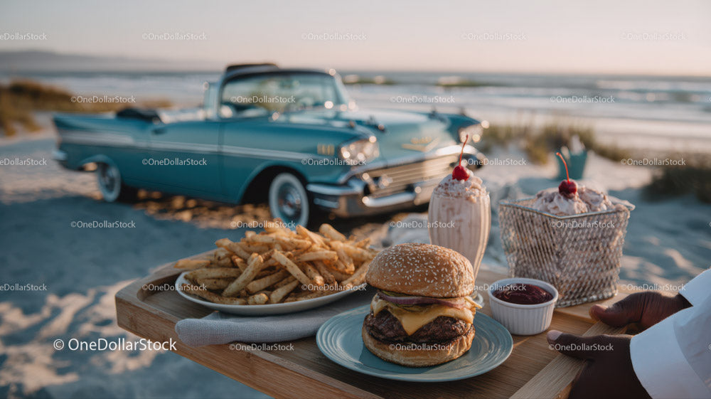 Klasyczny samochód zabytkowy z frytkami Cheeseburger i koktajlami mlecznymi na plaży
