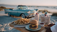 Vintage Classic Car with Cheeseburger French Fries and Milkshakes at Beach
