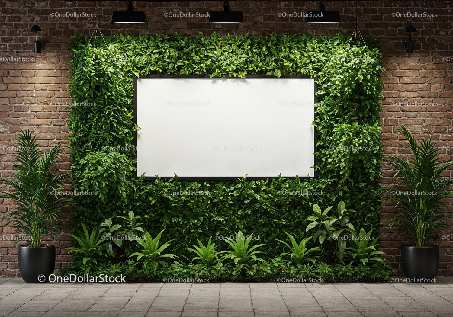 Green living wall with blank frame in industrial space