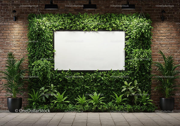 Green living wall with blank frame in industrial space JPG Mockup Image