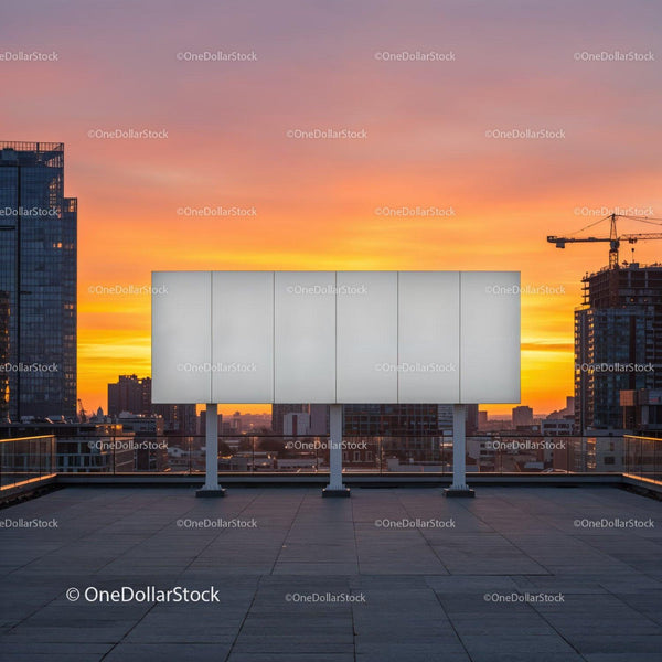 Urban Rooftop with Empty Billboard During Sunset Sky with Cityscape JPG Mockup Image