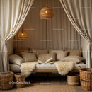 Cozy neutral reading nook with soft cushions and sheepskins