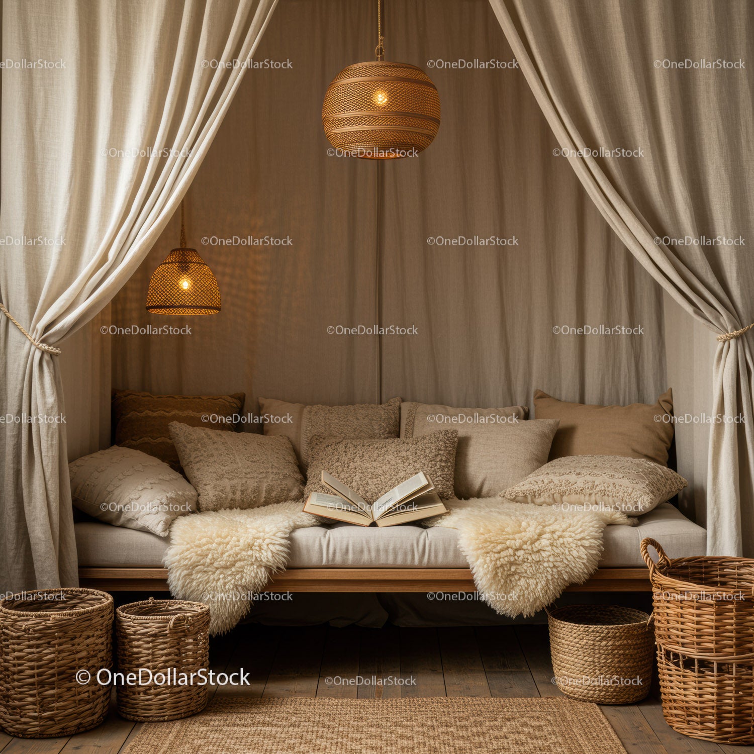 Cozy neutral reading nook with soft cushions and sheepskins