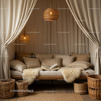 Cozy neutral reading nook with soft cushions and sheepskins