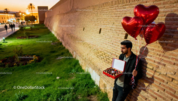 Man holding chocolates and heart balloons by brick wall