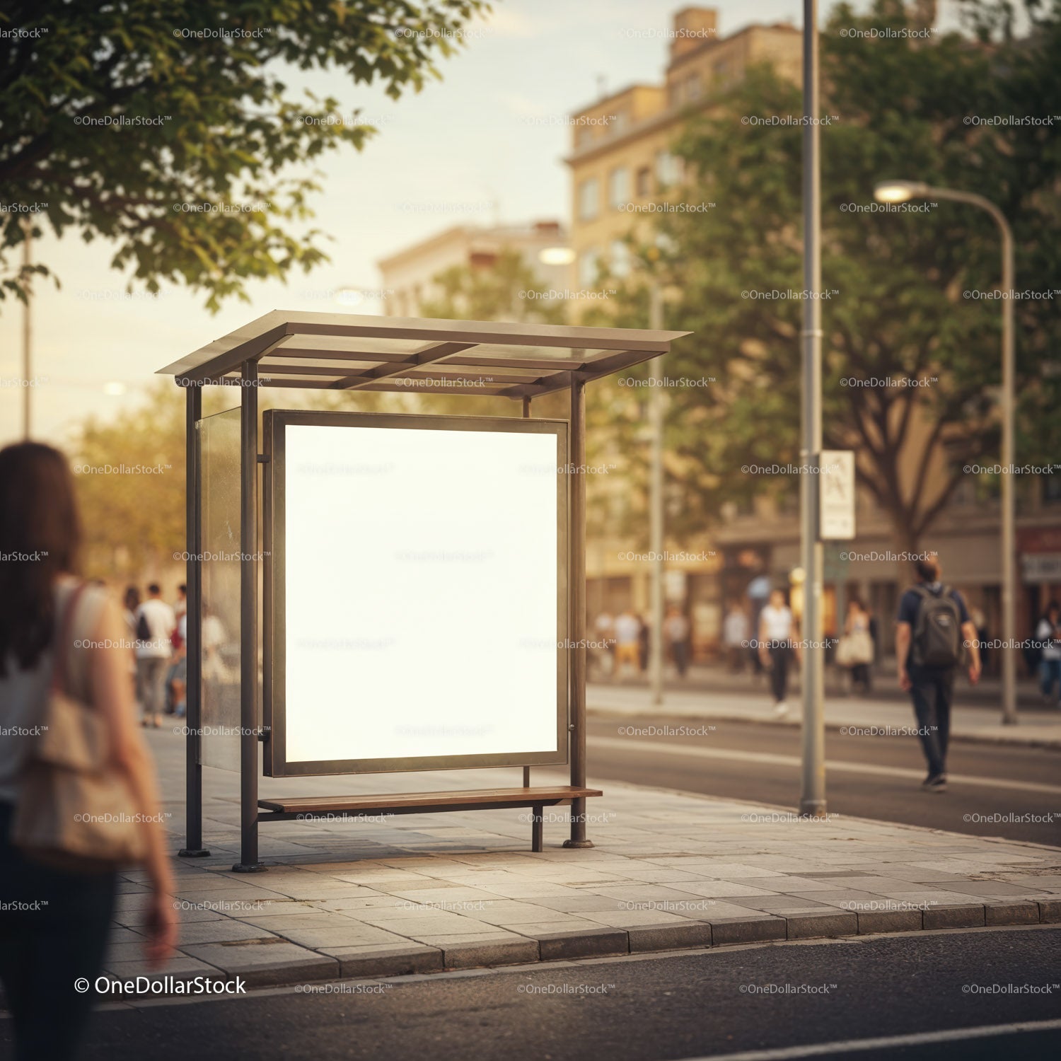 Plakat przedstawiający pusty przystanek autobusowy na miejskiej ulicy