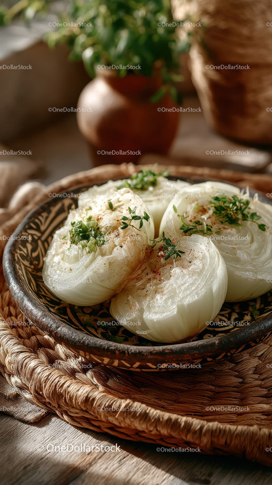 Boiled Eggs with Herbs in a Rustic Woven Basket Scene