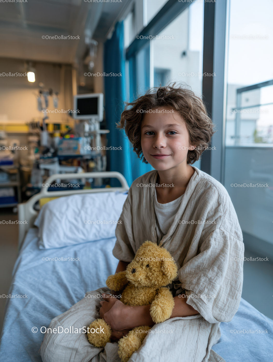 Chłopiec siedzi na szpitalnym łóżku i trzyma pluszowego misia na oddziale pediatrycznym