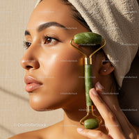 Young Woman Using Jade Roller for Facial Skincare Relaxation