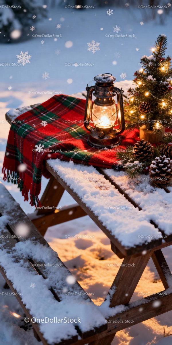 Cozy Lantern and Christmas Tree on Snowy Picnic Table