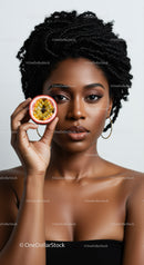 Elegant Portrait of an African Woman Holding Passion Fruit Slice