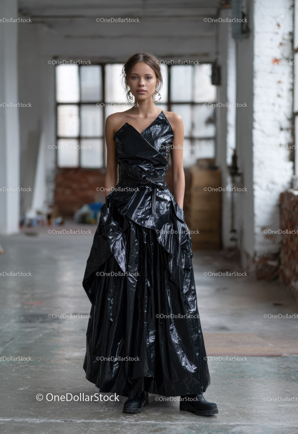 Fashion Model in Black Latex Dress in Urban Industrial Setting
