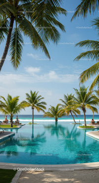 Tropical Resort with Swimming Pool and Palm Trees Overlooking Ocean