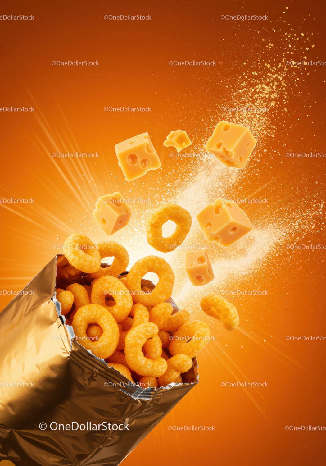 Cheese flavored corn puffs spilling from shiny bag