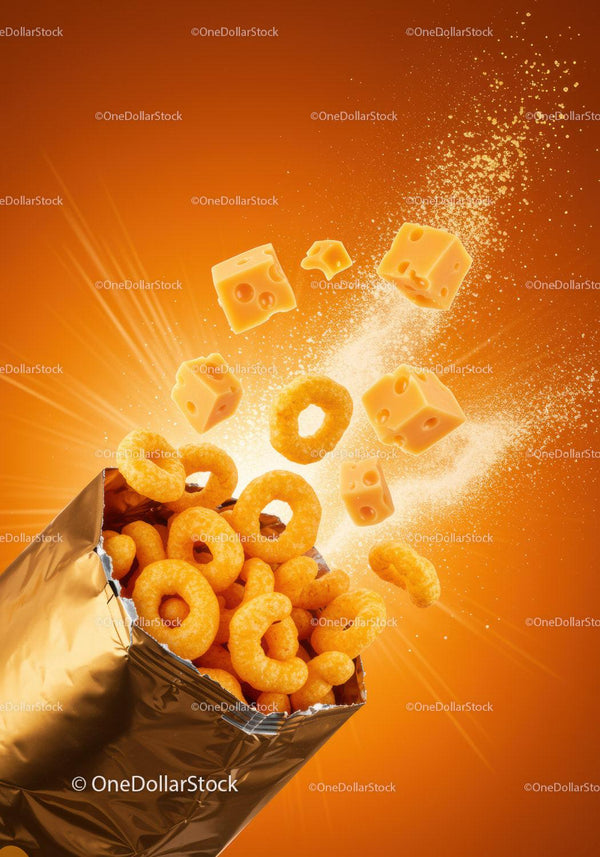 Cheese flavored corn puffs spilling from shiny bag
