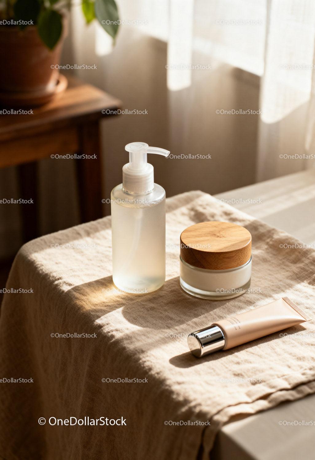 Natural skincare products on beige linen cloth
