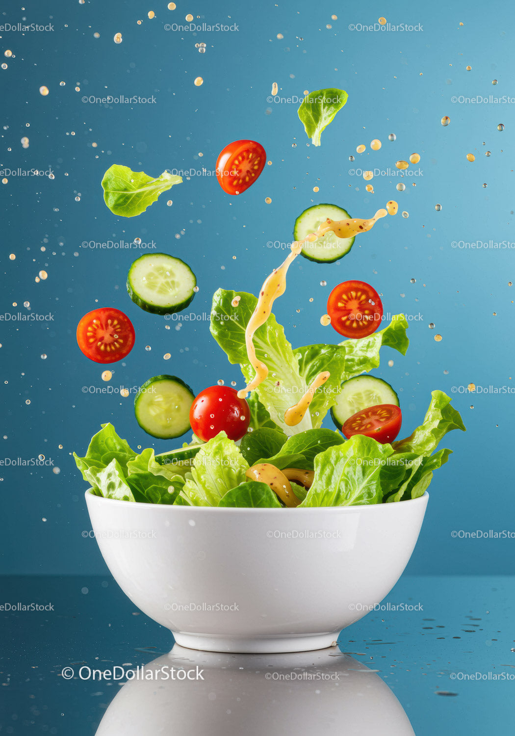 Fresh green salad with flying vegetables and dressing splash