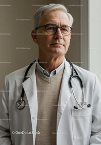 Senior Male Doctor in White Coat with Stethoscope in Clinical Setting