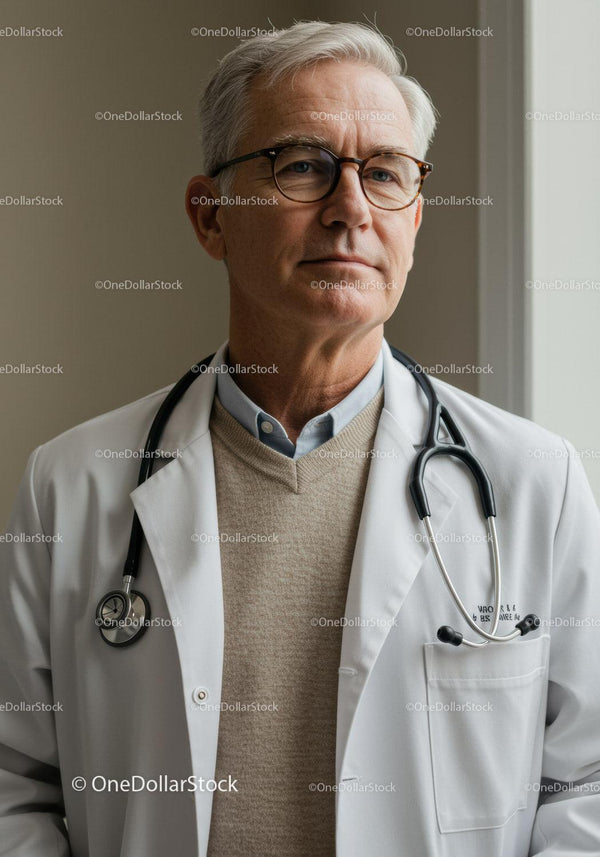 Senior Male Doctor in White Coat with Stethoscope in Clinical Setting