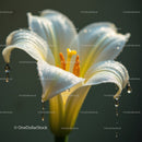 Close-up of a White Lily with Dewdrops in Morning Sunlight