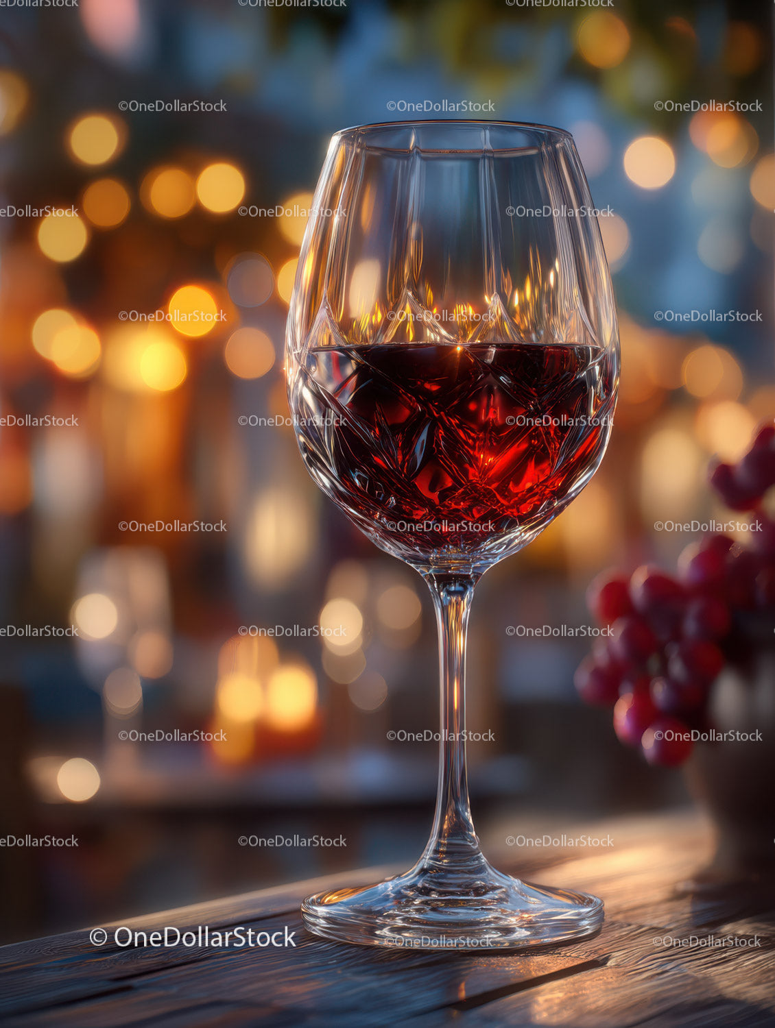 Elegant Red Wine Glass with Reflections in Warm Ambient Light