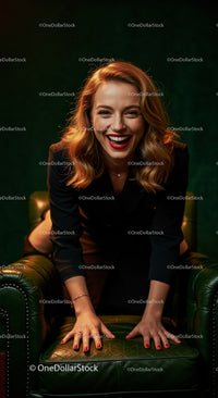 Confident Smiling Woman in Stylish Attire Sitting on Leather Sofa