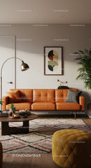 Modern living room with leather sofa and cozy decor