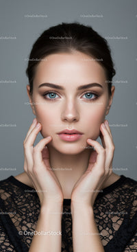 Close-up Portrait of a Young Woman with Blue Eyes and Elegant Lace Top