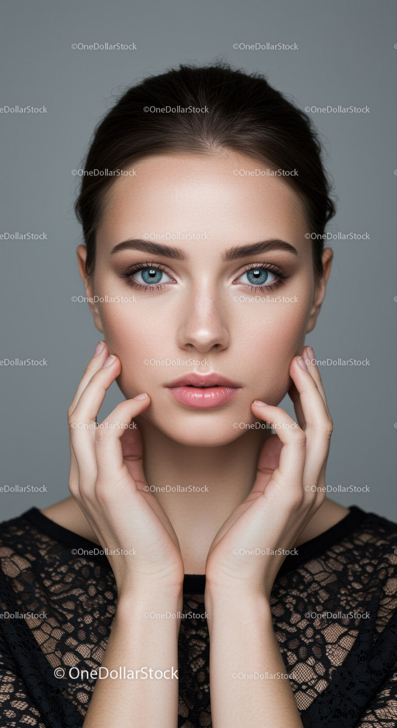 Portret młodej kobiety z niebieskimi oczami i elegancką koronkową bluzką