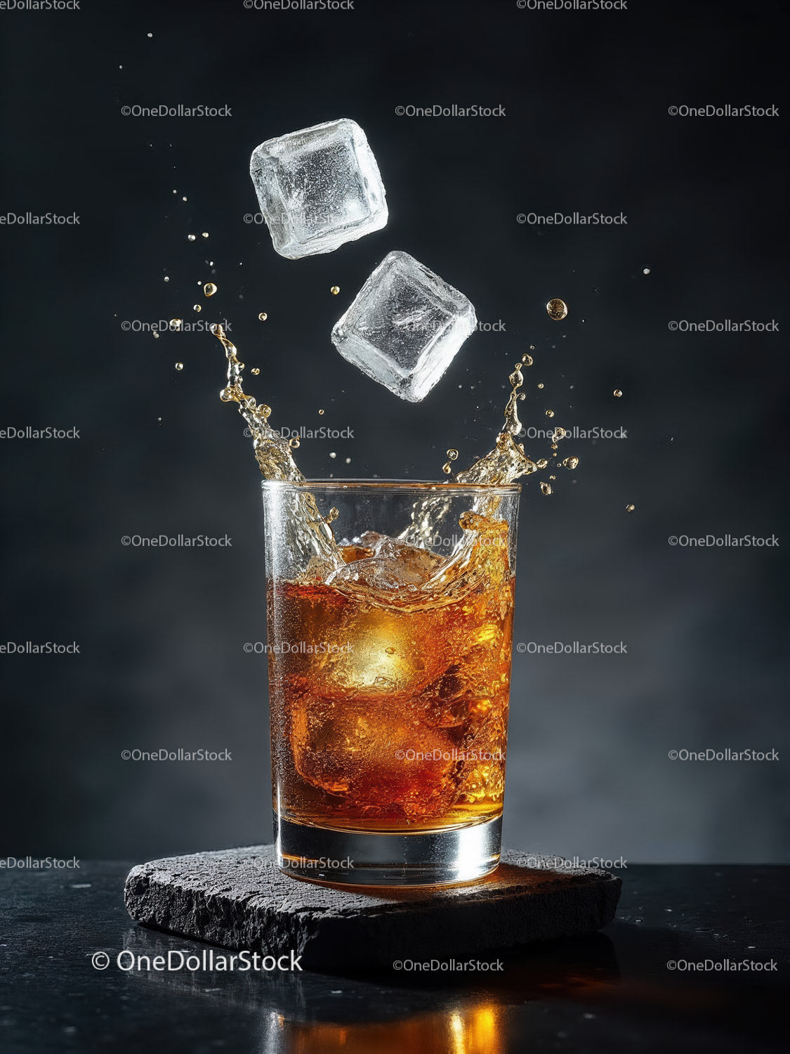 Refreshing whiskey glass with ice cubes splashing