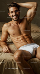 Smiling fit man relaxing on bed in white underwear