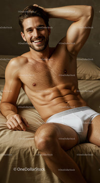 Smiling fit man relaxing on bed in white underwear