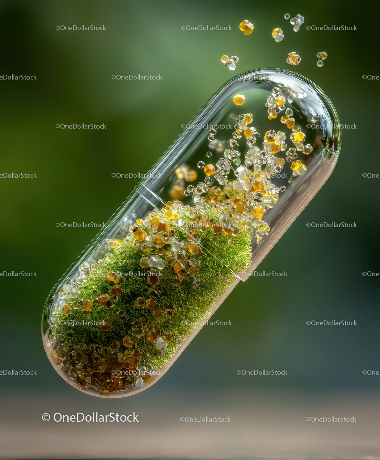Herbal Capsule Filled with Green Moss and Metallic Glitter Bright Colours