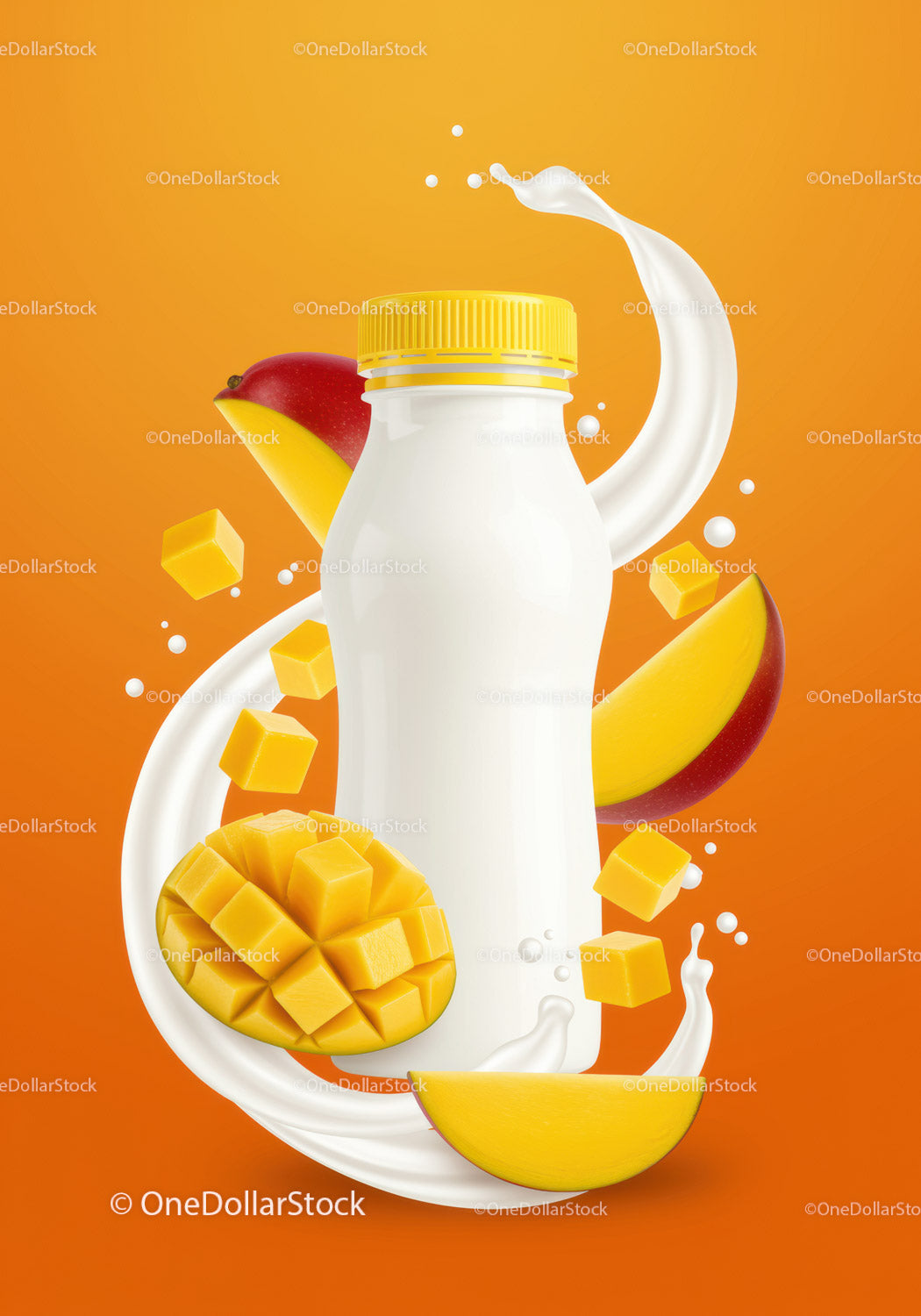 Mango flavored yogurt bottle with fresh fruit splash