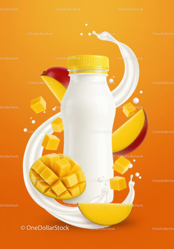Mango flavored yogurt bottle with fresh fruit splash JPG Mockup Image