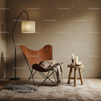 Cozy leather butterfly chair corner with warm lighting