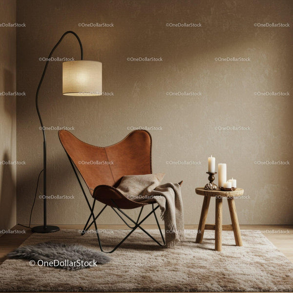 Cozy leather butterfly chair corner with warm lighting