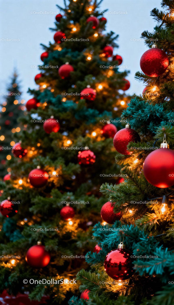 Decorated Christmas Trees with Red Ornaments and Lights