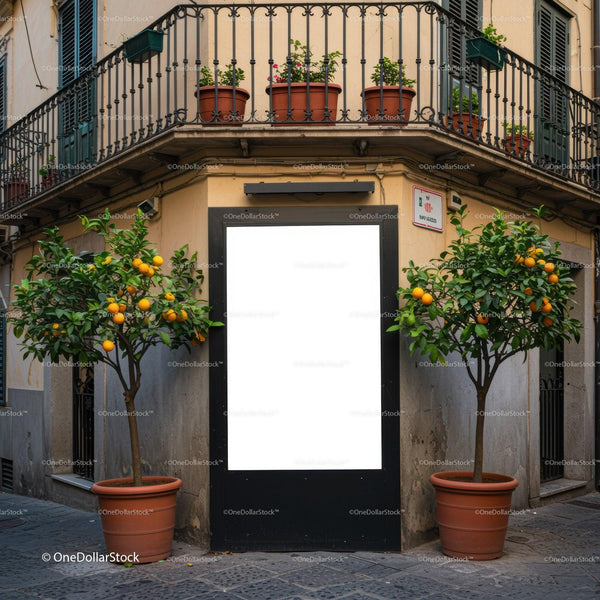 Urban corner with orange trees and blank billboard JPG Mockup Image
