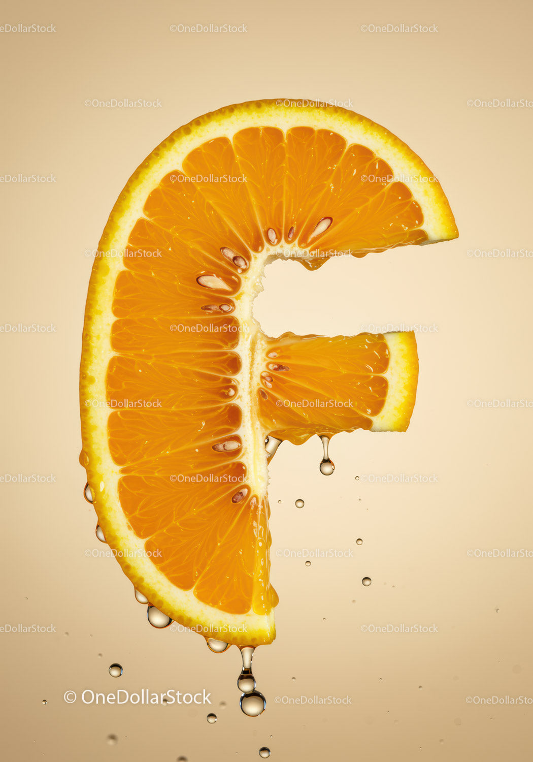 Fresh orange slice dripping juice on beige background