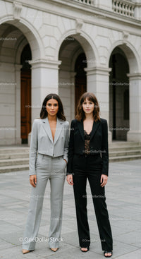 Stylish Businesswomen Standing Outside in Front of Classic Architecture