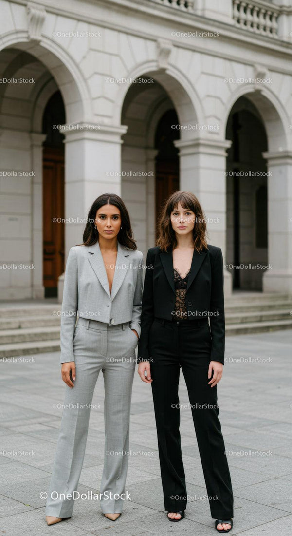 Stylowe bizneswoman stojące przed klasyczną architekturą