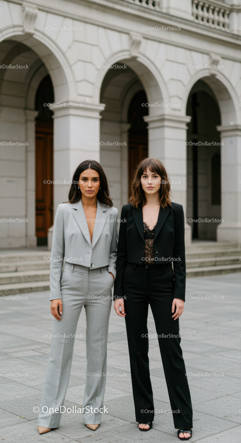 Stylish Businesswomen Standing Outside in Front of Classic Architecture