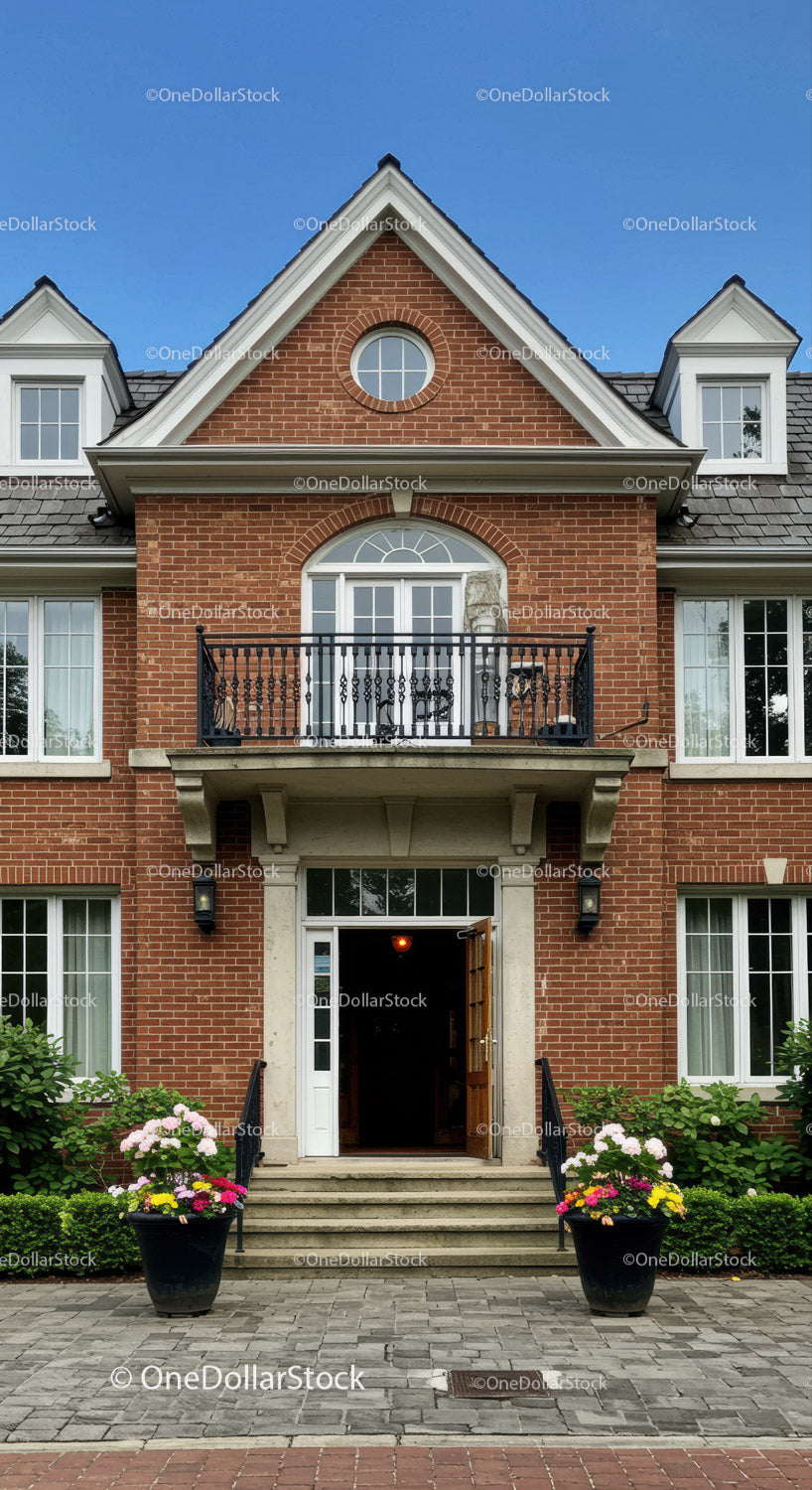Elegant brick house entrance with blooming flower pots